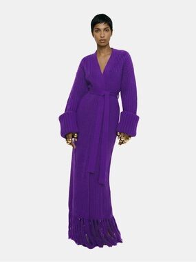 Purple Long Knit Belted Sweater Dress